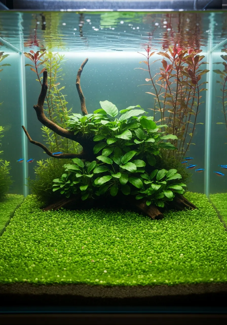 A lush, expertly planted aquarium with moss, Anubias, and warm light filtering through water